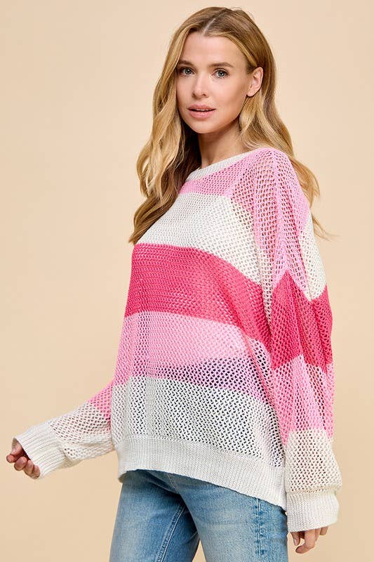 PINK SHEER STRIPED COLOR BLOCK KNIT SWEATER-TCEC