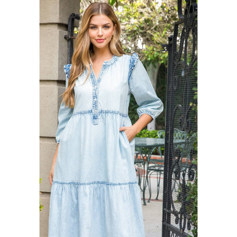 LIGHT DENIM TIERED MIDI DRESS-THML