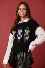 Black Christmas Nutcracker Embroidery Sweater Vest-Peach Love California-Sissy Boutique