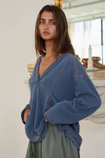 Dusty Blue V-neck Patched Pockets Oversized Solid Ribbed Top-BUCKETLIST