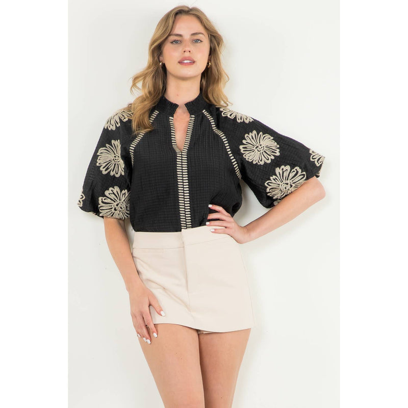 BLACK AND CREAM EMBROIDERED PUFF SLEEVE TOP-THML