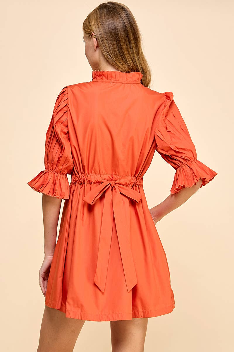 ORANGE PLEATED DETAIL WAIST TIE SHIFT MINI DRESS-TCEC