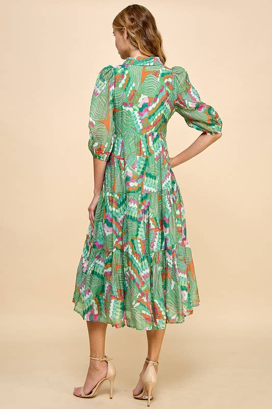 GREEN MULTICOLOR ABSTRACT PRINTED TIERED MIDI DRESS-TCEC