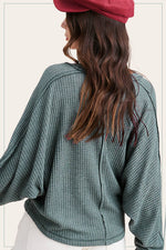 TEAL BRUSHED WAFFLE KNIT LOOSE FIT LONG SLEEVE TOP-La Miel