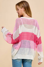 PINK SHEER STRIPED COLOR BLOCK KNIT SWEATER-TCEC