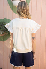 CREAM CONTRAST RIBBON RUFFLE SLEEVE SWEAT TOP-VOY