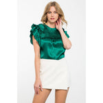 GREEN SATIN FLUTTER SLEEVE TEXTURED TOP-THML