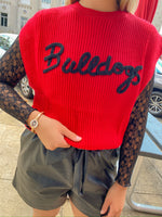 'BULLDOGS" EMBROIDERED SLEEVELESS SWEATER TOP: RED-Cloud Ten