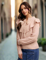 Mute Pink Weaved Knit Tie Front Sweater