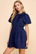 NAVY PUFF SLEEVE BUTTON DOWN DRESS-TCEC