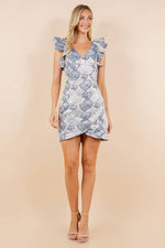 BLUE FLORAL JACQUARD RUFFLE SLEEVLESS DRESS-TCEC