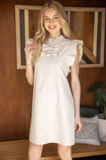 CREAM/IVORY FAUX LEATHER RIBBON RUFFLE DRESS-VOY