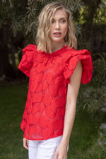 ROSE RED TEXTURED RUFFLE SLEEVE TOP-VOY