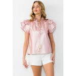 PINK FLUTTER SLEEVE LEATHER TOP-THML