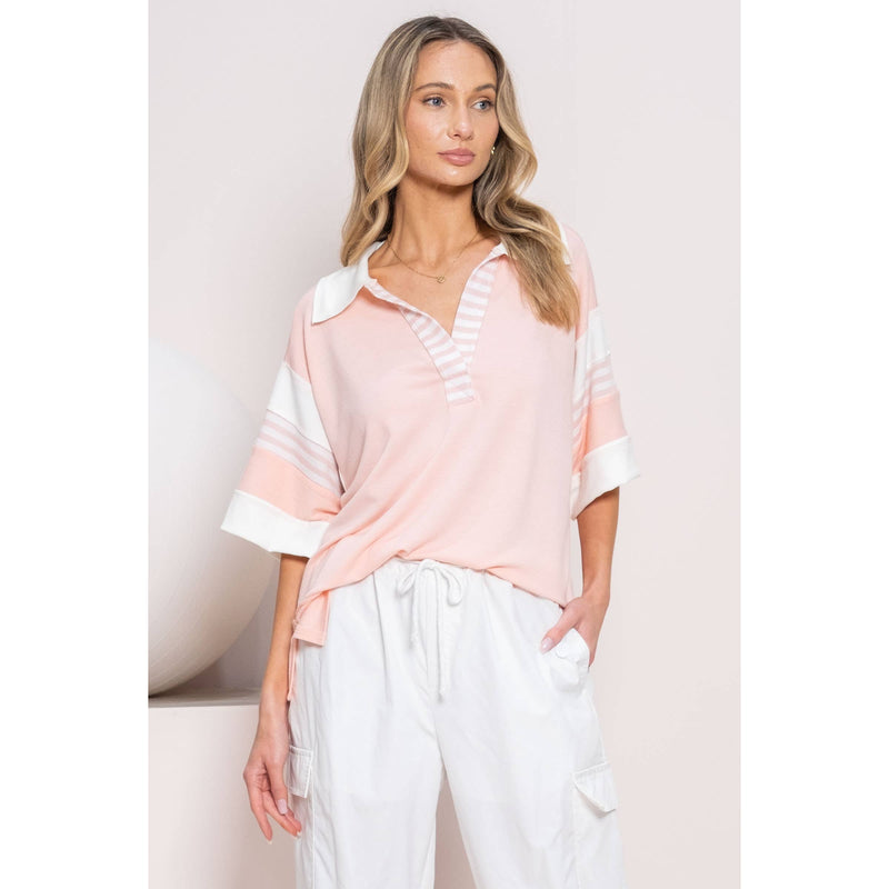 STRIPED SPORTY PASTEL AND WHITE PINK POLO SHIRT-Hailey&Co