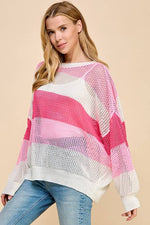 PINK SHEER STRIPED COLOR BLOCK KNIT SWEATER-TCEC