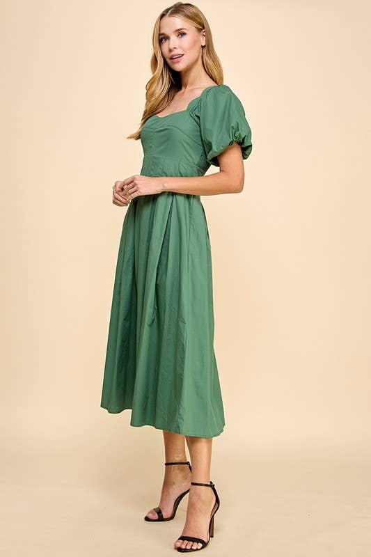 SAGE SWEETHEART NECKLINE PUFF SLEEVE PLEATED MIDI DRESS-TCEC