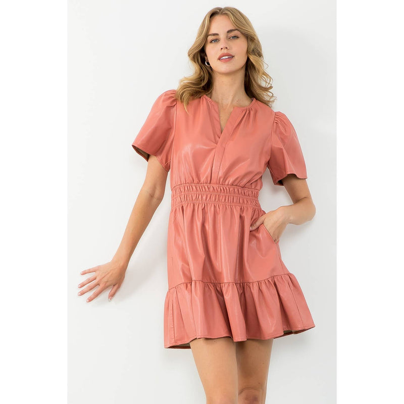 BLUSH SHORT SLEEVE LEATHER DRESS-THML