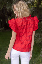 ROSE RED TEXTURED RUFFLE SLEEVE TOP-VOY