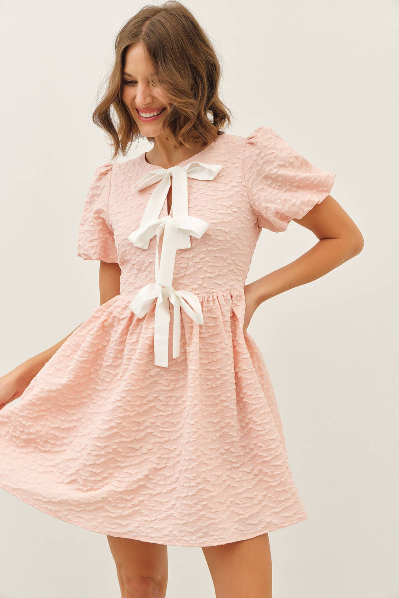 BUBBLE TEXTURED BOW TIE FRONT MINI DRESS-idem ditto-Sissy Boutique