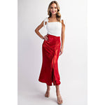 DEEP RED FOILED DRAPED MAXI SKIRT-L Love