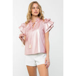 PINK FLUTTER SLEEVE LEATHER TOP-THML