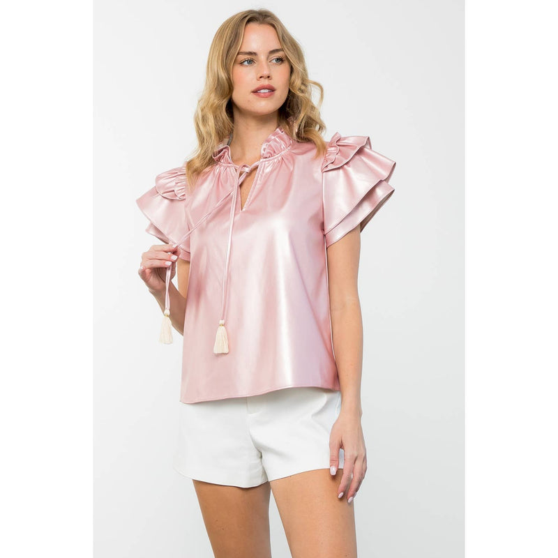 PINK FLUTTER SLEEVE LEATHER TOP-THML