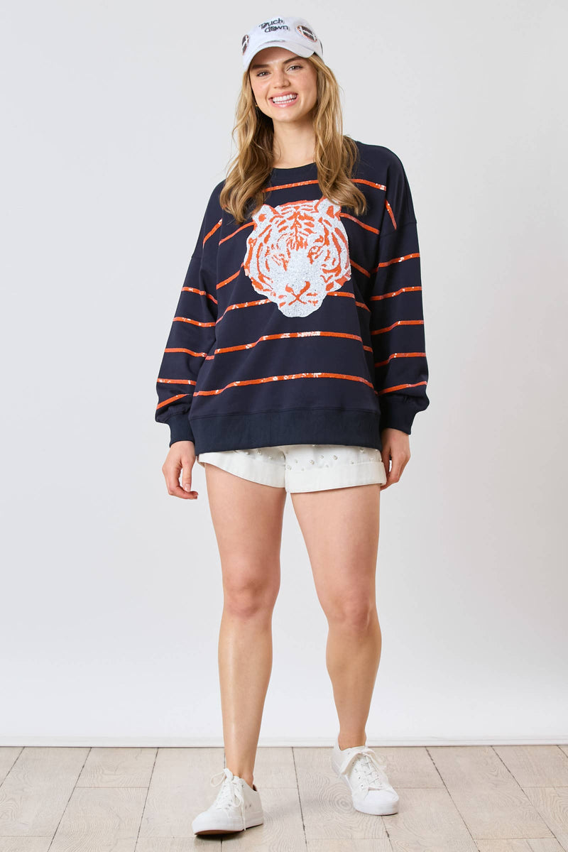 NAVY AUBURN TIGER HEAD SEQUINED STRIPED PULLOVER-Fantastic Fawn