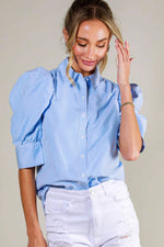 BLUE COLLARED NECKLINE PUFF SLEEVE STRIP PRINT BLOUSE TOP-Vine & Love