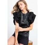 BLACK LEATHER FLUTTER SHORT SLEEVE TOP-THML