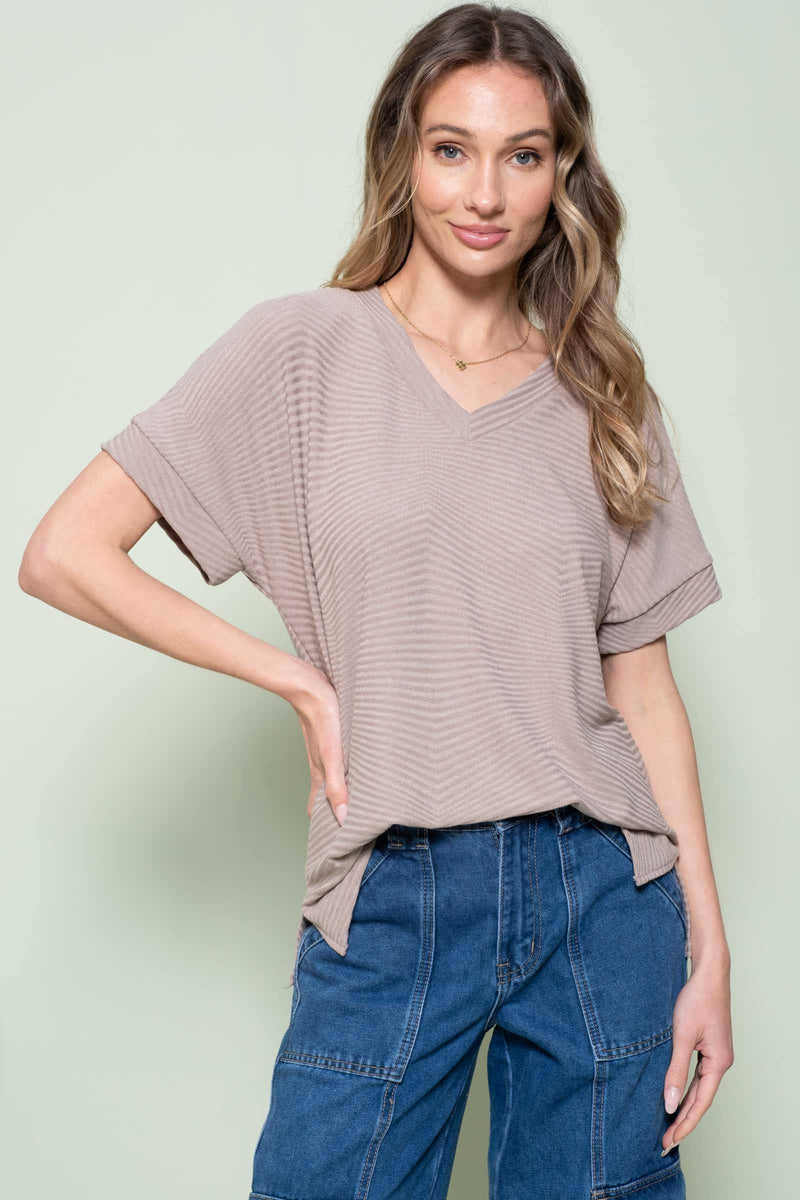 TAUPE RIBBED V-NECK TOP-Hailey&Co