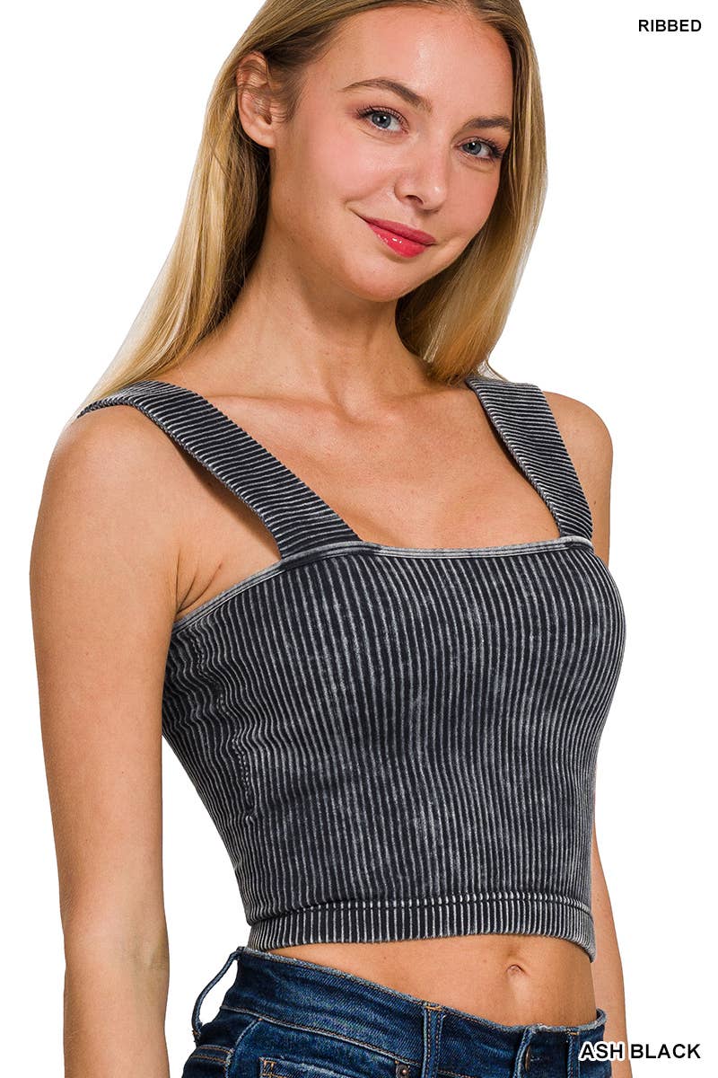 ASH BLACK WASHED RIB SEAMLESS WIDE STRAP TROP TANK W\ BRA PAD-42POPS