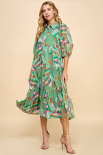 GREEN MULTICOLOR ABSTRACT PRINTED TIERED MIDI DRESS-TCEC