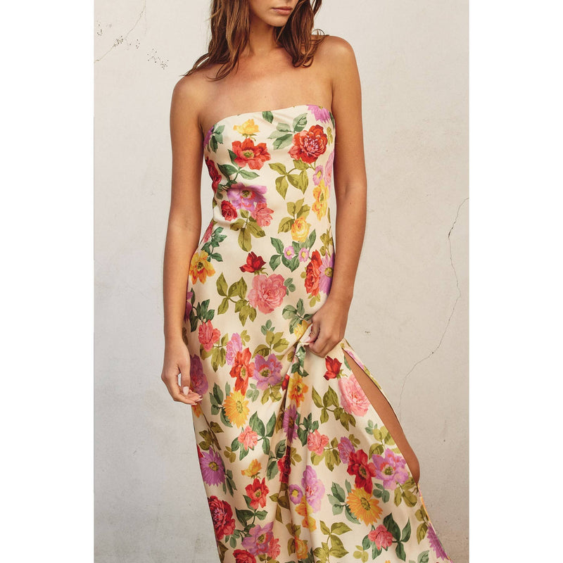 ROMANTIC GARDEN SATIN STRAPLESS BACK CUT MAXI DRESS-Dress Forum