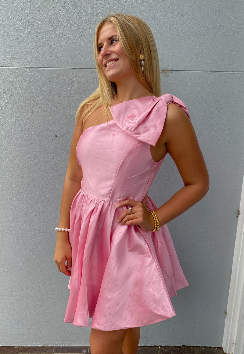 BLUSH ONE SHOULDER BOW TIE MINI DRESS-Saints & Secrets-Sissy Boutique