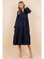 LONG SLEEVE NAVY TIERED MIDI DRESS-TCEC