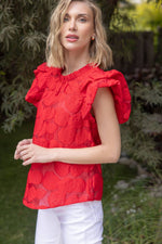 ROSE RED TEXTURED RUFFLE SLEEVE TOP-VOY