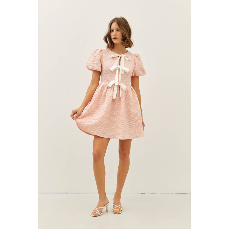 BUBBLE TEXTURED BOW TIE FRONT MINI DRESS-idem ditto-Sissy Boutique