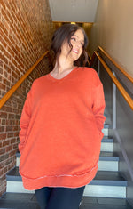 HARPER ORANGE V-NECK PULLOVER SWEATSHIRT WITH POCKETS-JadyK-Sissy Boutique