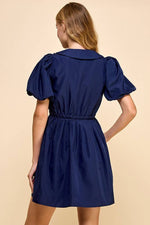 NAVY PUFF SLEEVE BUTTON DOWN DRESS-TCEC