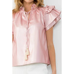 PINK FLUTTER SLEEVE LEATHER TOP-THML