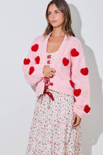 PINK KNITTED CARDIGAN WITH RED BUBBLE HEART DETAIL-Baevely by Wellmade USA