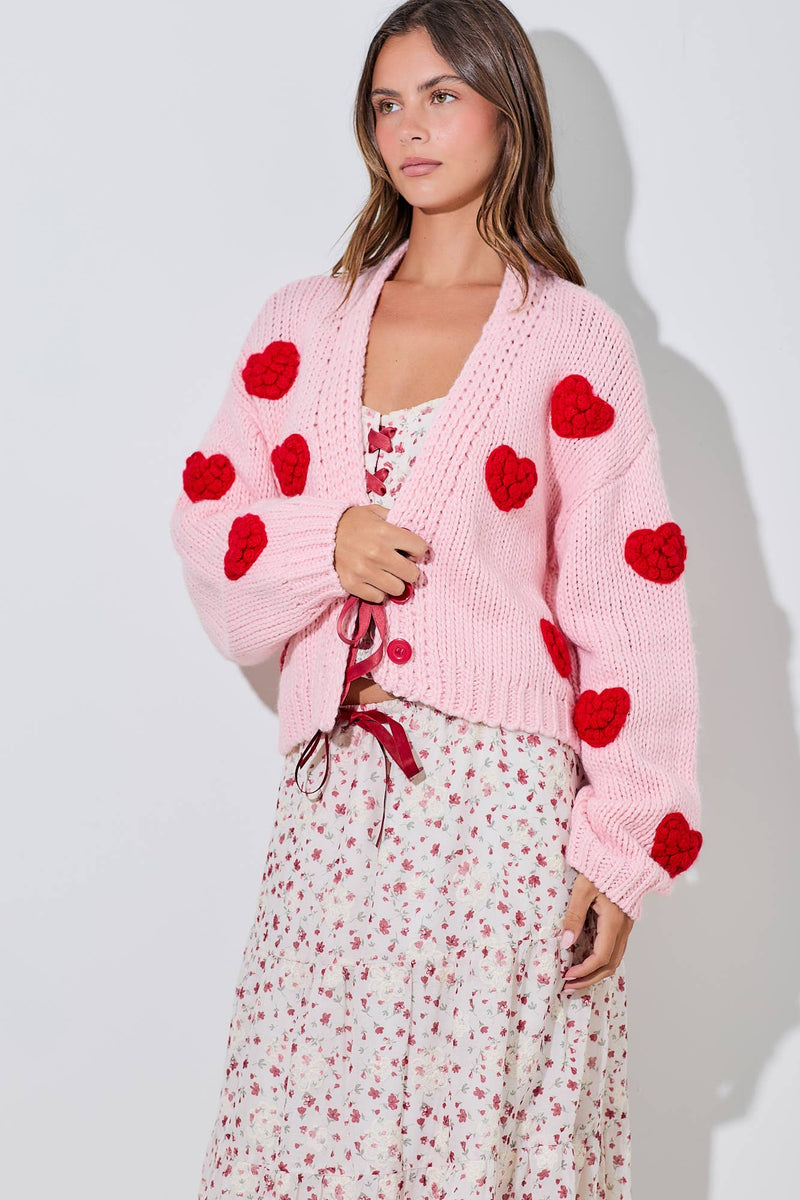 PINK KNITTED CARDIGAN WITH RED BUBBLE HEART DETAIL-Baevely by Wellmade USA