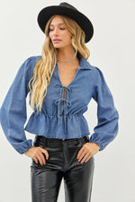 WASHED COTTON DENIM DROP WAIST TOP WITH SPLIT NECK-idem ditto-Sissy Boutique