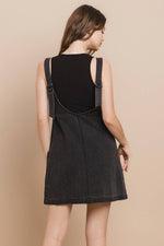 CHARCOAL BLACK DENIM OVERALL DRESS WITH FRONT POCKETS-TCEC