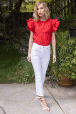 ROSE RED TEXTURED RUFFLE SLEEVE TOP-VOY