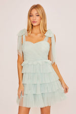 DUSTY SAGE RUFFLED MINI DRESS WITH SHOULDER SELF TIES-Baevely by Wellmade USA