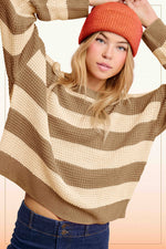 Brown and Tan Loose Fit Striped Round Neck Long Sleeve Sweater-La Miel