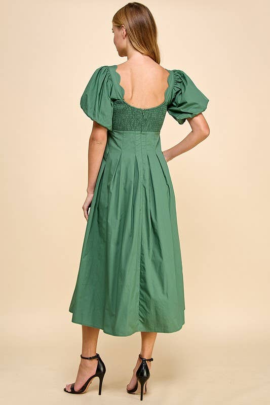 SAGE SWEETHEART NECKLINE PUFF SLEEVE PLEATED MIDI DRESS-TCEC