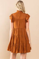 CAMEL TIERED RUFFLE SLEEVE DRESS-TCEC